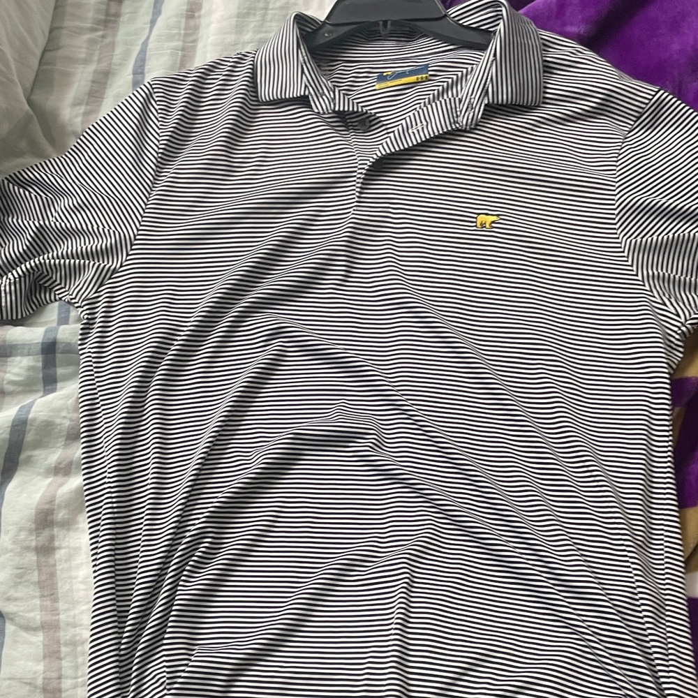 Men's Black and White Striped Polo Shirt